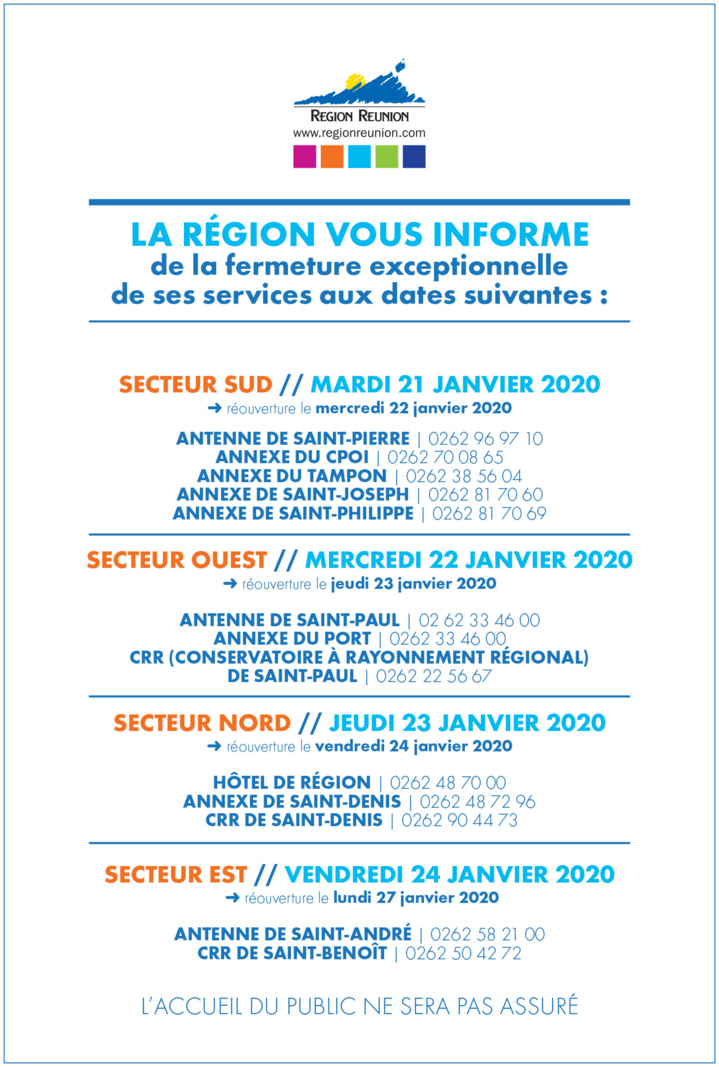 Fermeture exceptionnelle des services de la Région aux dates suivantes Fermeture exceptionnelle des services de la Région aux dates suivantes