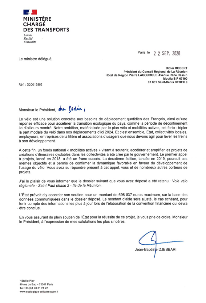 Le Ministre des Transports salue l’action de la Région pour la Voie Vélo Régionale et confirme la participation financière de l’État Le Ministre des Transports salue l’action de la Région pour la Voie Vélo Régionale et confirme la participation financière de l’État