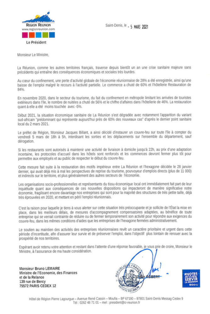 Didier Robert interpelle Bruno Lemaire pour une adaptation des aides d’État aux entreprises réunionnaises Didier Robert interpelle Bruno Lemaire pour une adaptation des aides d’État aux entreprises réunionnaises