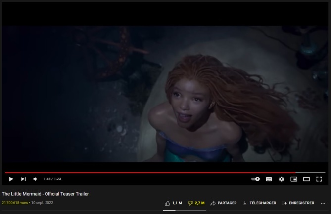 Capture d'écran YouTube le 20/09/22 à 15h "The Little Mermaid - Official Teaser Trailer"