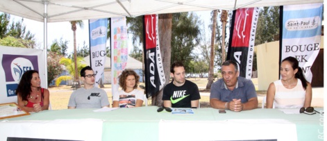 A la table de conférence: Agnès Lavaud (IRT), Kévin Ménaldo, Marion Lotout, Renaud Lavillenie, Gilles Hubert, Patricia Locame Machado