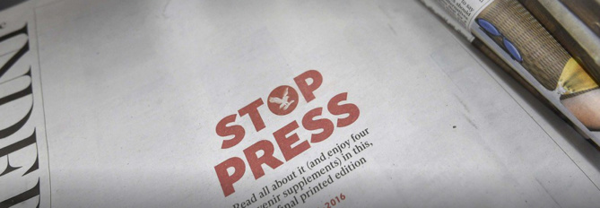 Une page presque blanche pour la dernière Une de The Independent ce samedi 26 mars 2016 Une page presque blanche pour la dernière Une de The Independent ce samedi 26 mars 2016