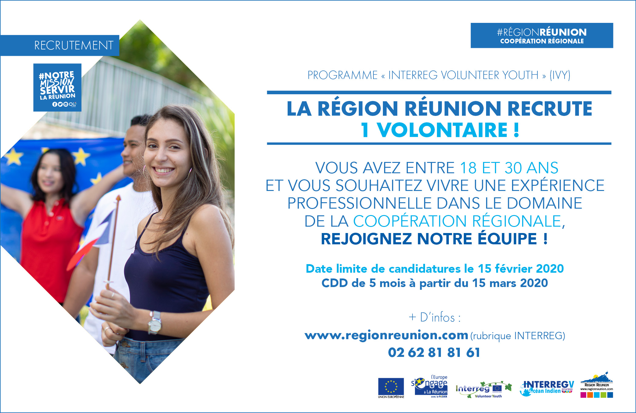 La Région Réunion recrute 1 volontaire dans le cadre de l’initiative Interreg Volunteer Youth (IVY)