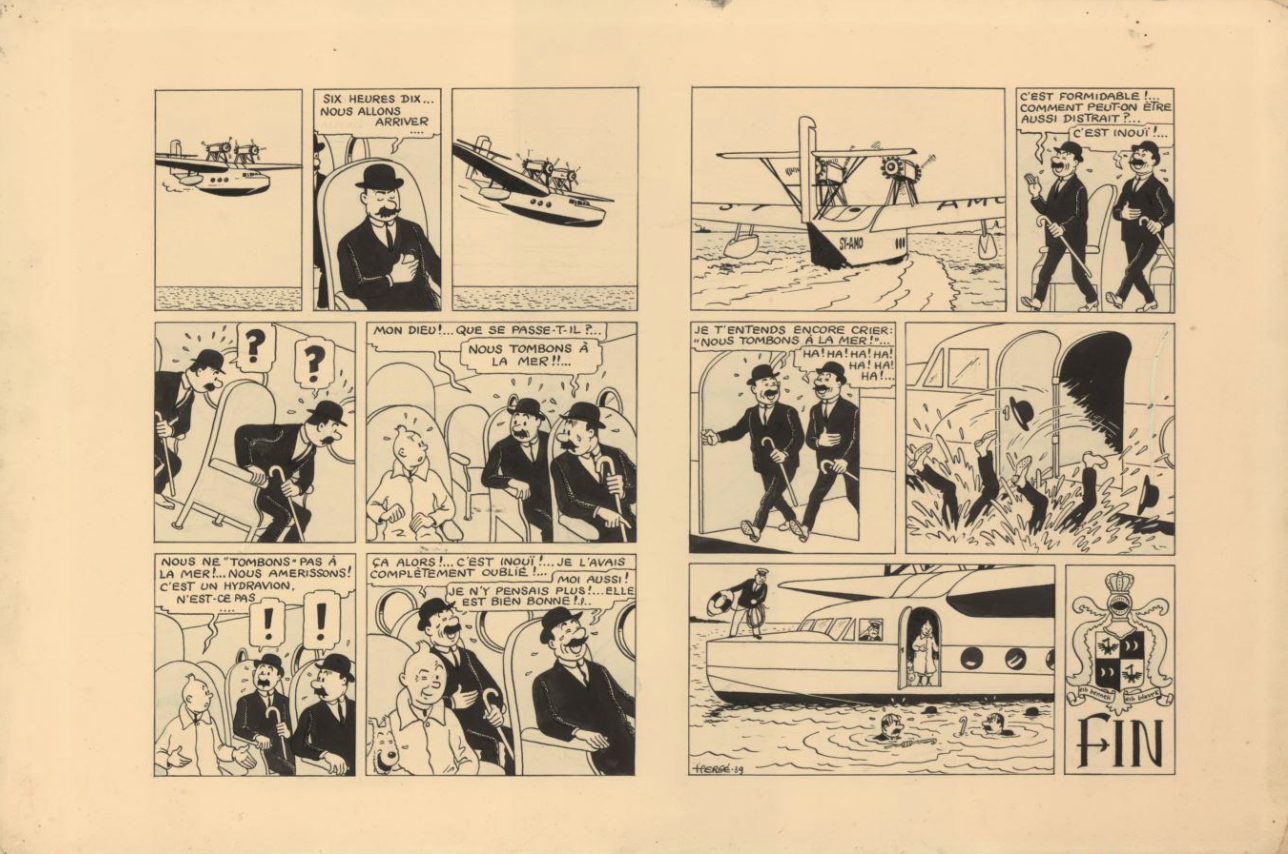 TOP LOT - Lot 157: HERGÉ (Georges Remi dit), Le Sceptre d’Ottokar, aquarelle et encre de Chine,  pour la double planche de fin de l’album publié en 1939 aux, éditions Casterman, 39,5 x 60 cm, Collection Renaud, adjugé 1 046 300 € / 1 192 782 $ frais inclus (estimation: 600 000 – 800 000 € / 650 000 – 865 000 $) ©Hergé/Moulinsart 2016